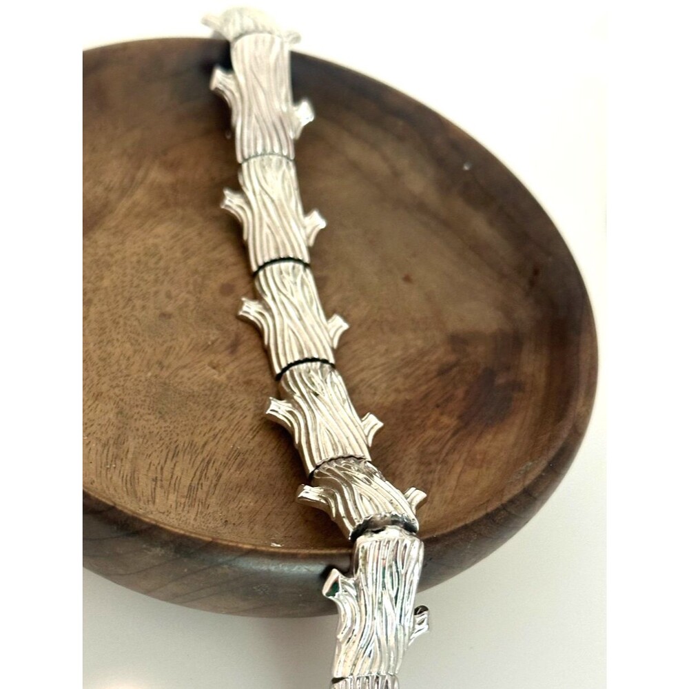Vintage Trifari Silver Tone Bark Log Link Bracelet Textured Woodgrain